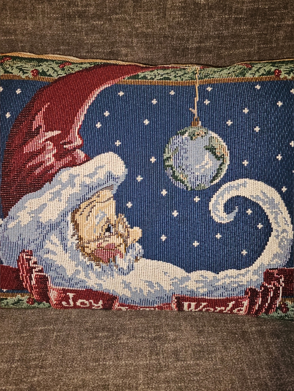Vintage Tapestry Moon Santa Joy to the World Throw Pillow Holiday Decor 16"x10" - Picture 3 of 9